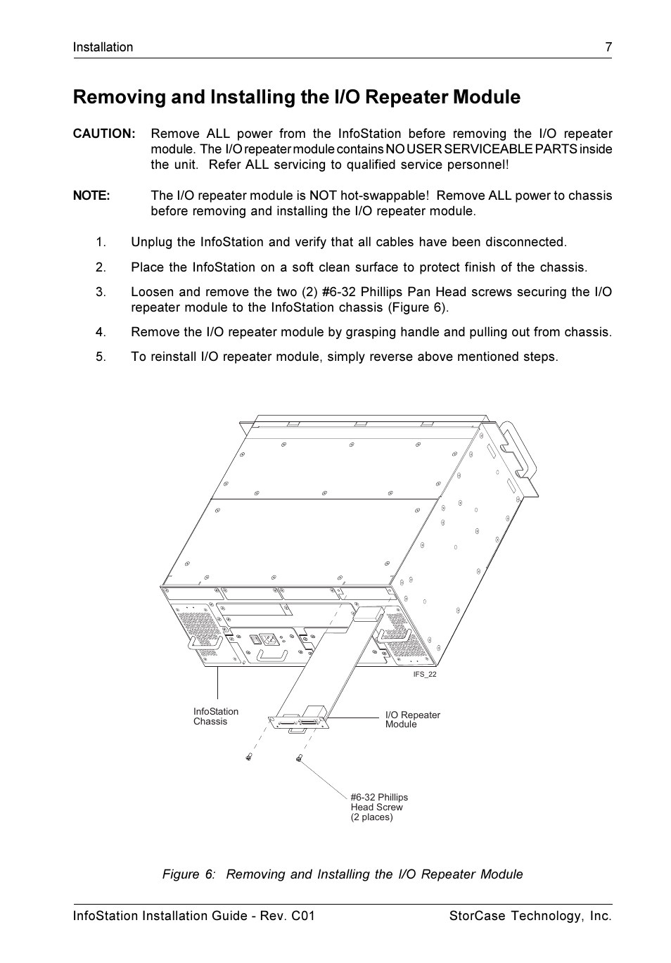 Removing and installing the i/o repeater module | StorCase Technology 9-Bay 4U SCSI Ultra160 User Manual | Page 12 / 24