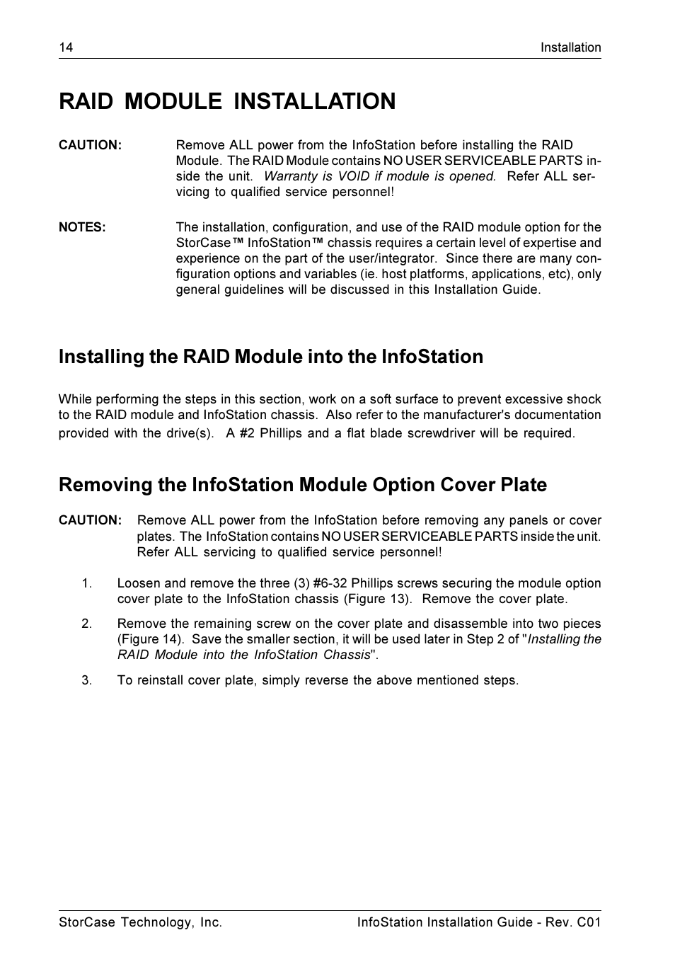 Raid module installation, Installing the raid module into the infostation, Removing the infostation module option cover plate | StorCase Technology 9-Bay 4U SCSI Ultra160 User Manual | Page 19 / 24