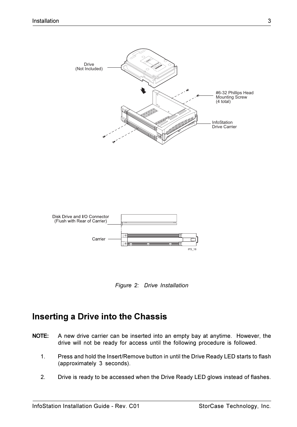 Figure2: drive installation, Inserting a drive into the chassis | StorCase Technology 9-Bay 4U SCSI Ultra160 User Manual | Page 8 / 24