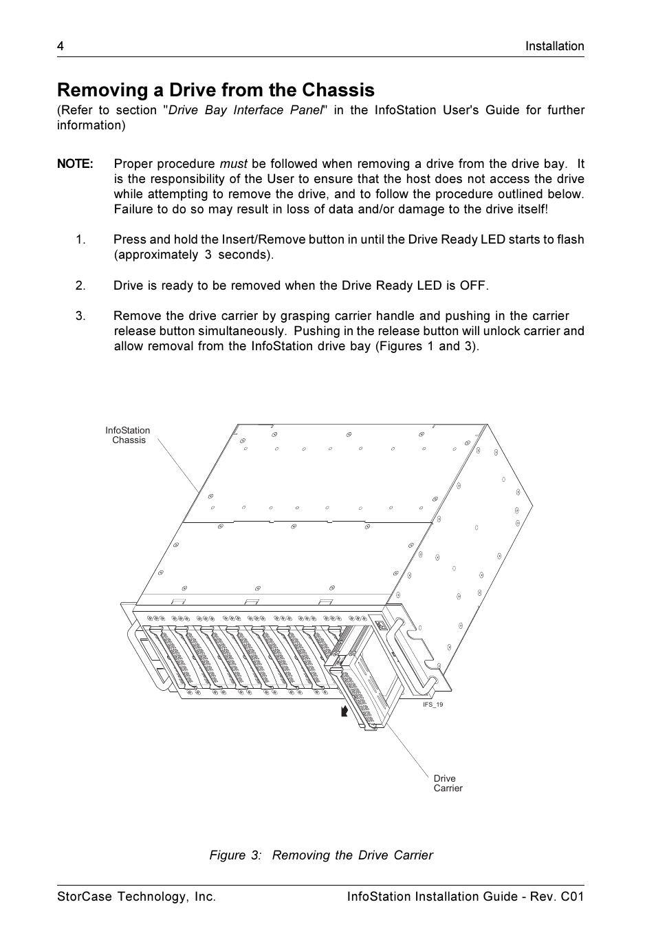 Removing a drive from the chassis, Figure 3: removing the drive carrier | StorCase Technology 9-Bay 4U SCSI Ultra160 User Manual | Page 9 / 24