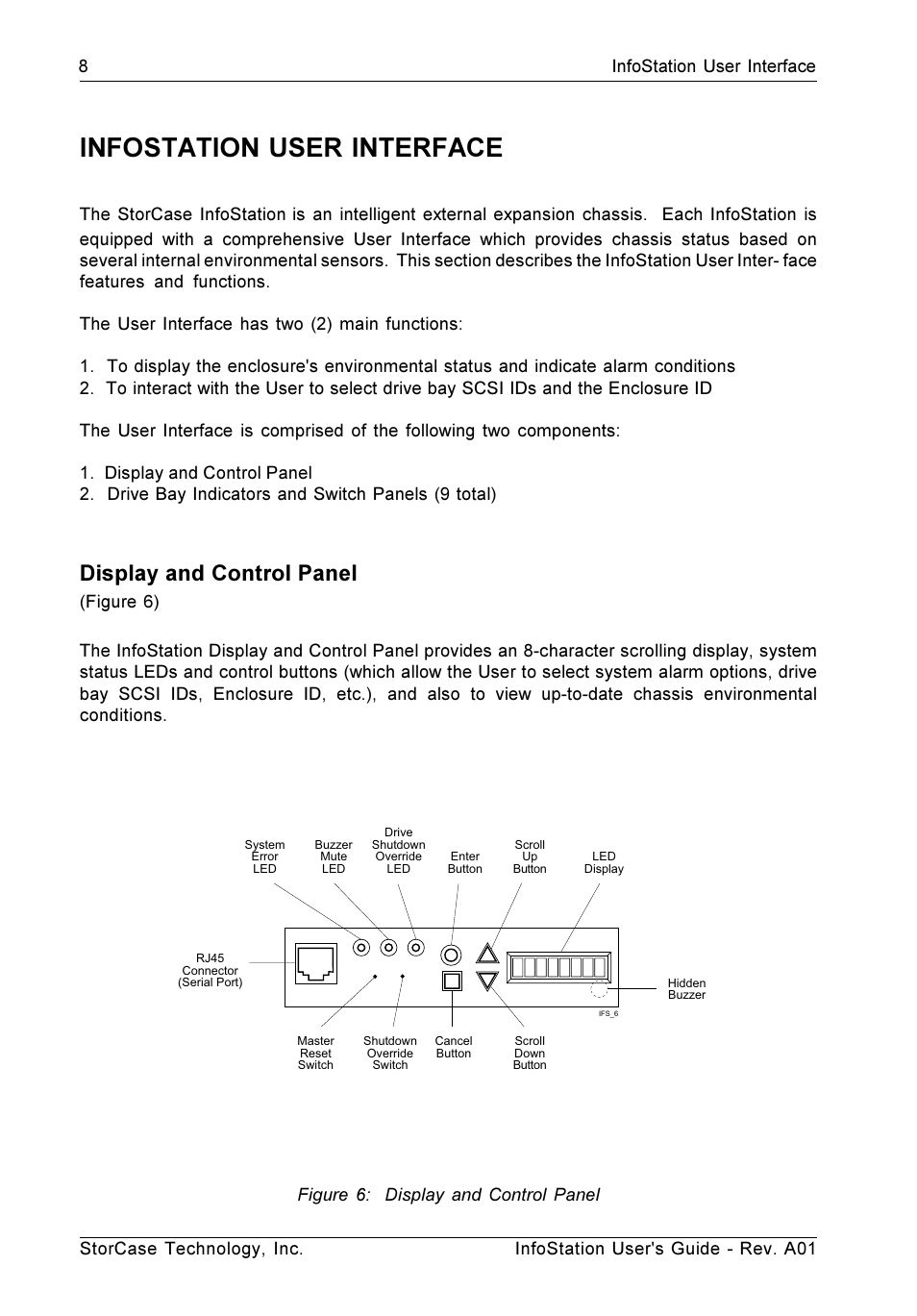 Infostation user interface, Display and control panel | StorCase Technology 9-Bay 4U SCSI Ultra160 User Manual | Page 17 / 59