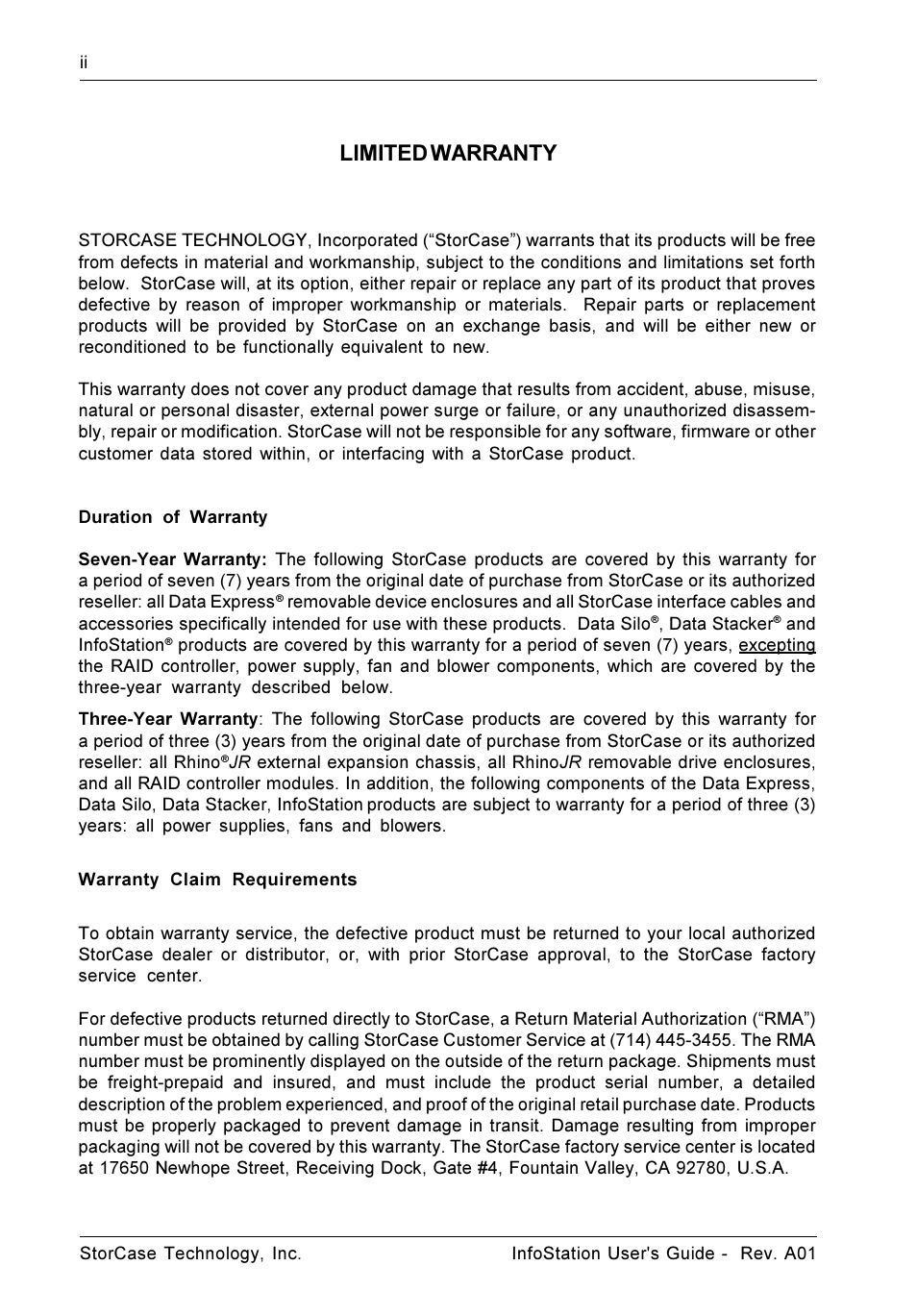 Limited warranty | StorCase Technology 9-Bay 4U SCSI Ultra160 User Manual | Page 3 / 59