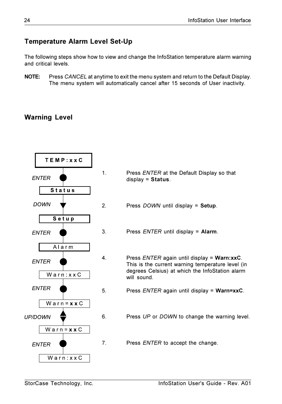 Temperature alarm level set-up, Warning level | StorCase Technology 9-Bay 4U SCSI Ultra160 User Manual | Page 33 / 59