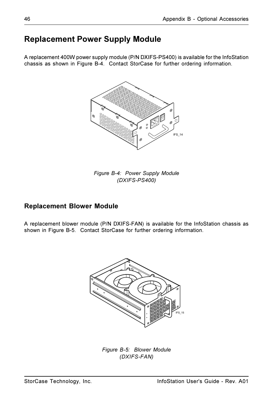 Replacement power supply module, Replacement blower module | StorCase Technology 9-Bay 4U SCSI Ultra160 User Manual | Page 55 / 59