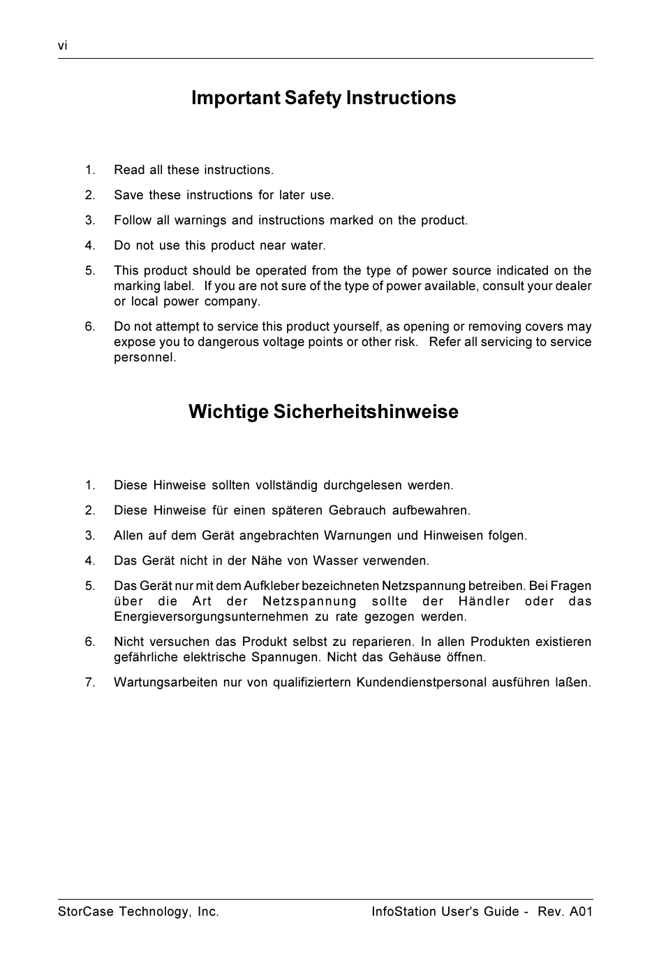 Important safety instructions, Wichtige sicherheitshinweise | StorCase Technology 9-Bay 4U SCSI Ultra160 User Manual | Page 7 / 59