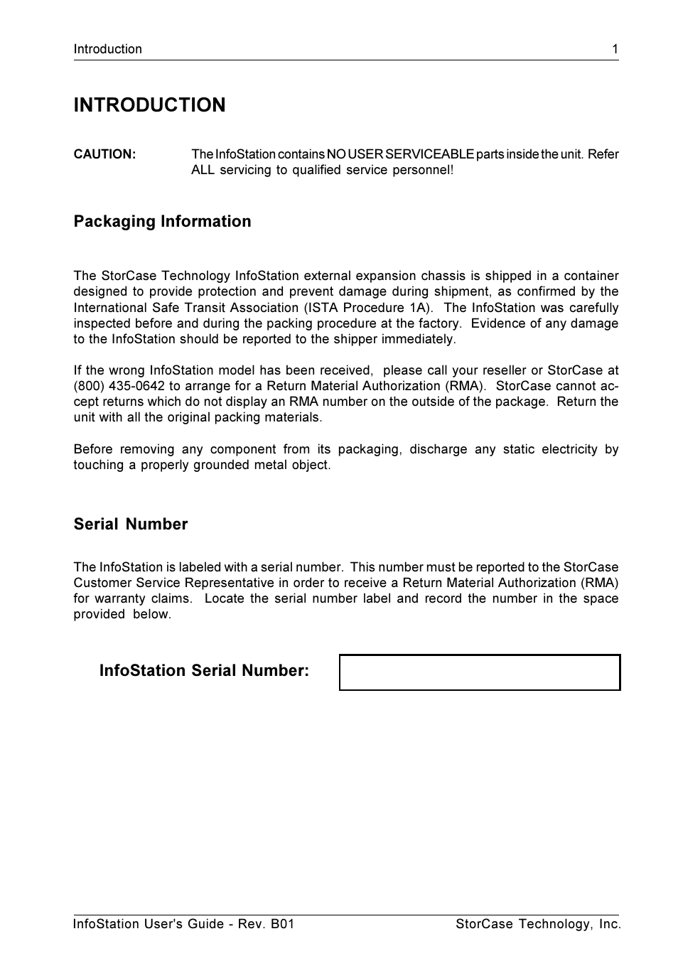 Introduction, Packaging information, Serial number | Infostation serial number | StorCase Technology 9-Bay 4U SCSI Ultra160 User Manual | Page 10 / 61