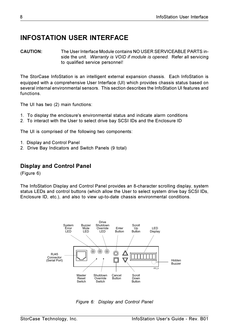 Infostation user interface, Display and control panel | StorCase Technology 9-Bay 4U SCSI Ultra160 User Manual | Page 17 / 61