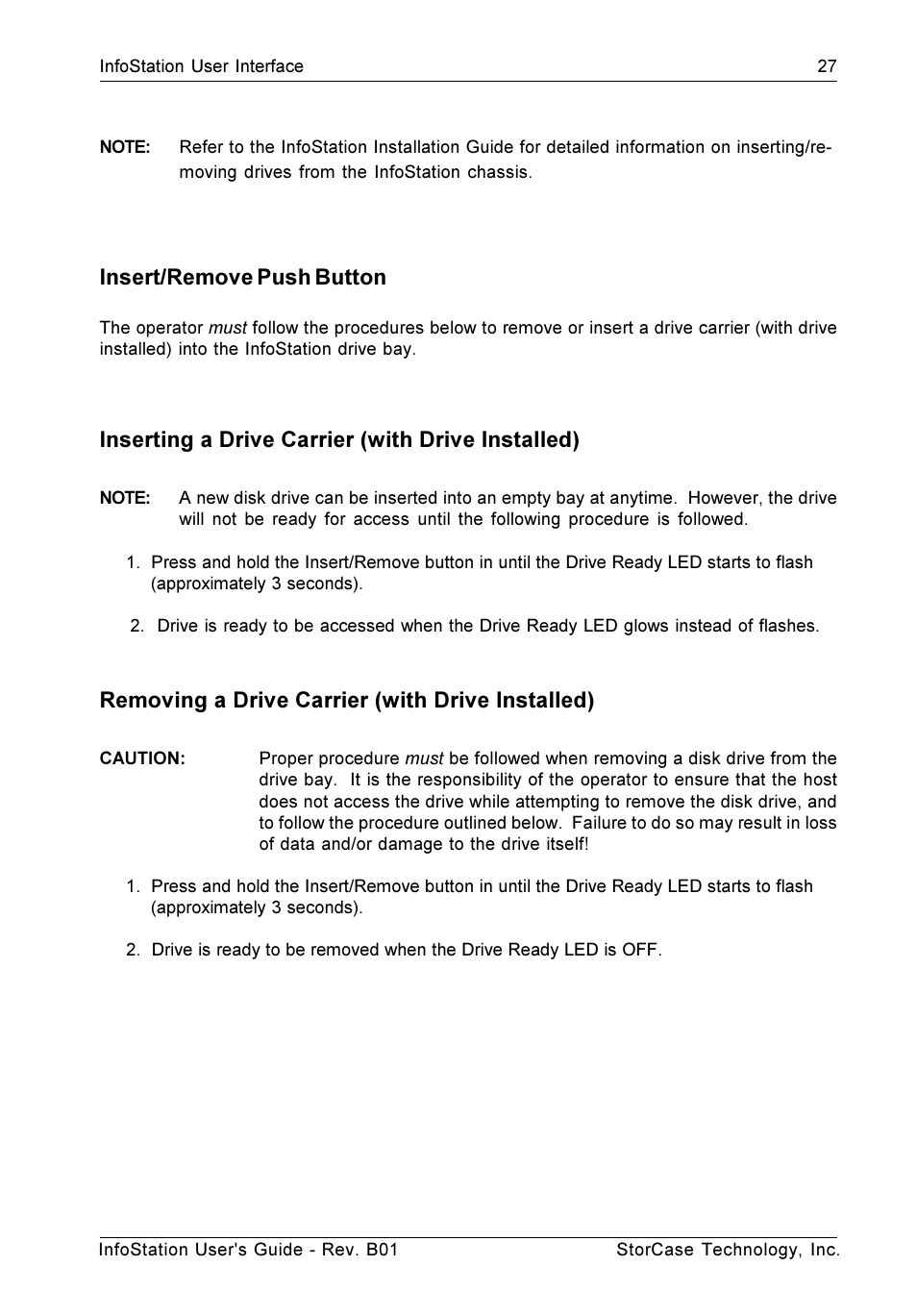 Insert/remove push button, Inserting a drive carrier (with drive installed), Removing a drive carrier (with drive installed) | StorCase Technology 9-Bay 4U SCSI Ultra160 User Manual | Page 36 / 61