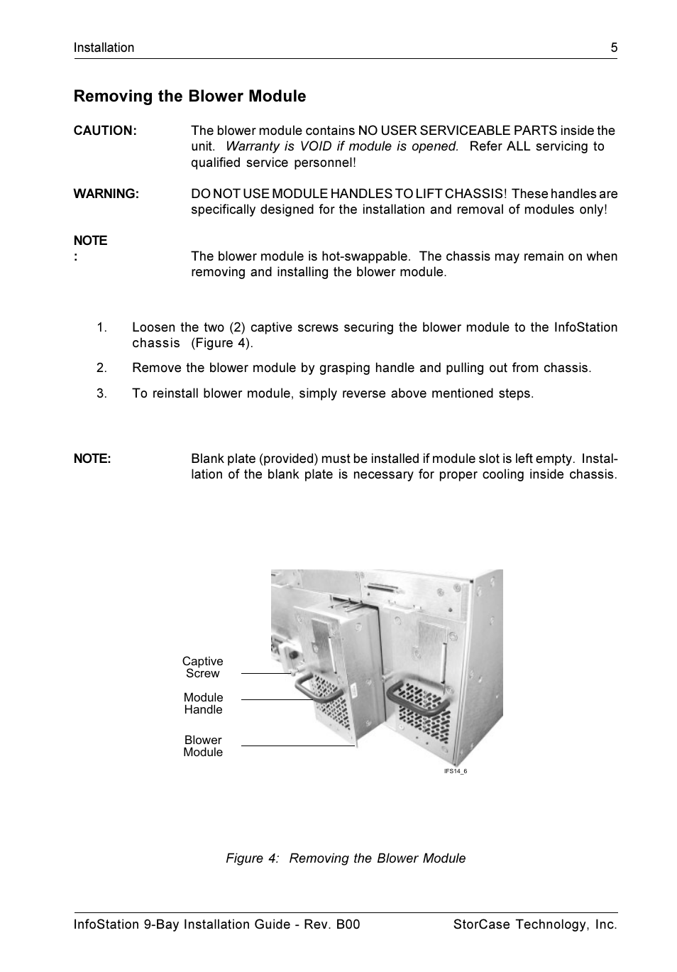 Removing the blower module, Figure 4: removing the blower module | StorCase Technology 9-Bay 4U SCSI Ultra320 User Manual | Page 10 / 25