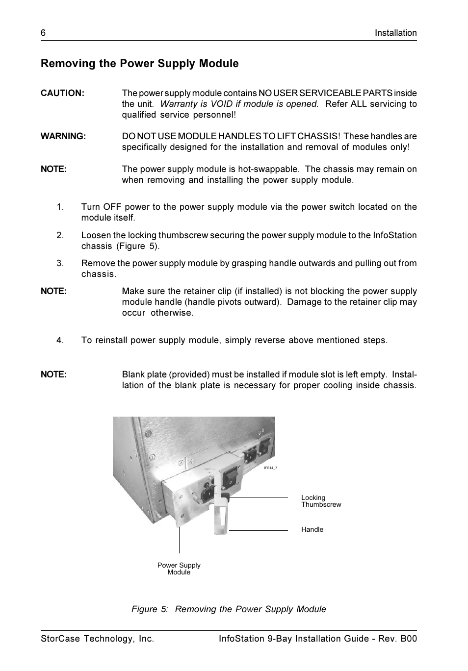 Removing the power supply module, Figure 5: removing the power supply module | StorCase Technology 9-Bay 4U SCSI Ultra320 User Manual | Page 11 / 25