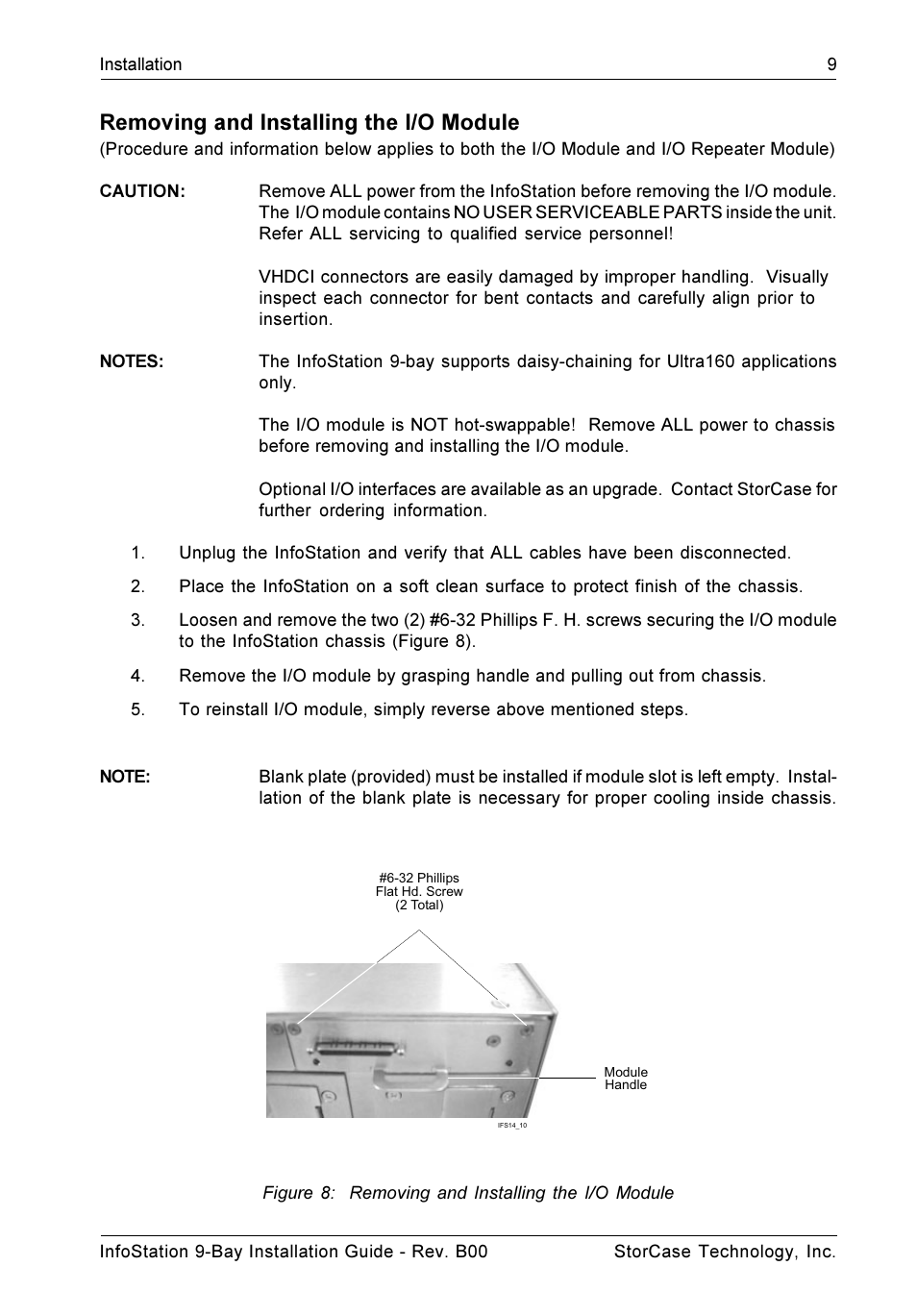 Removing and installing the i/o module, Figure 8: removing and installing the i/o module | StorCase Technology 9-Bay 4U SCSI Ultra320 User Manual | Page 14 / 25