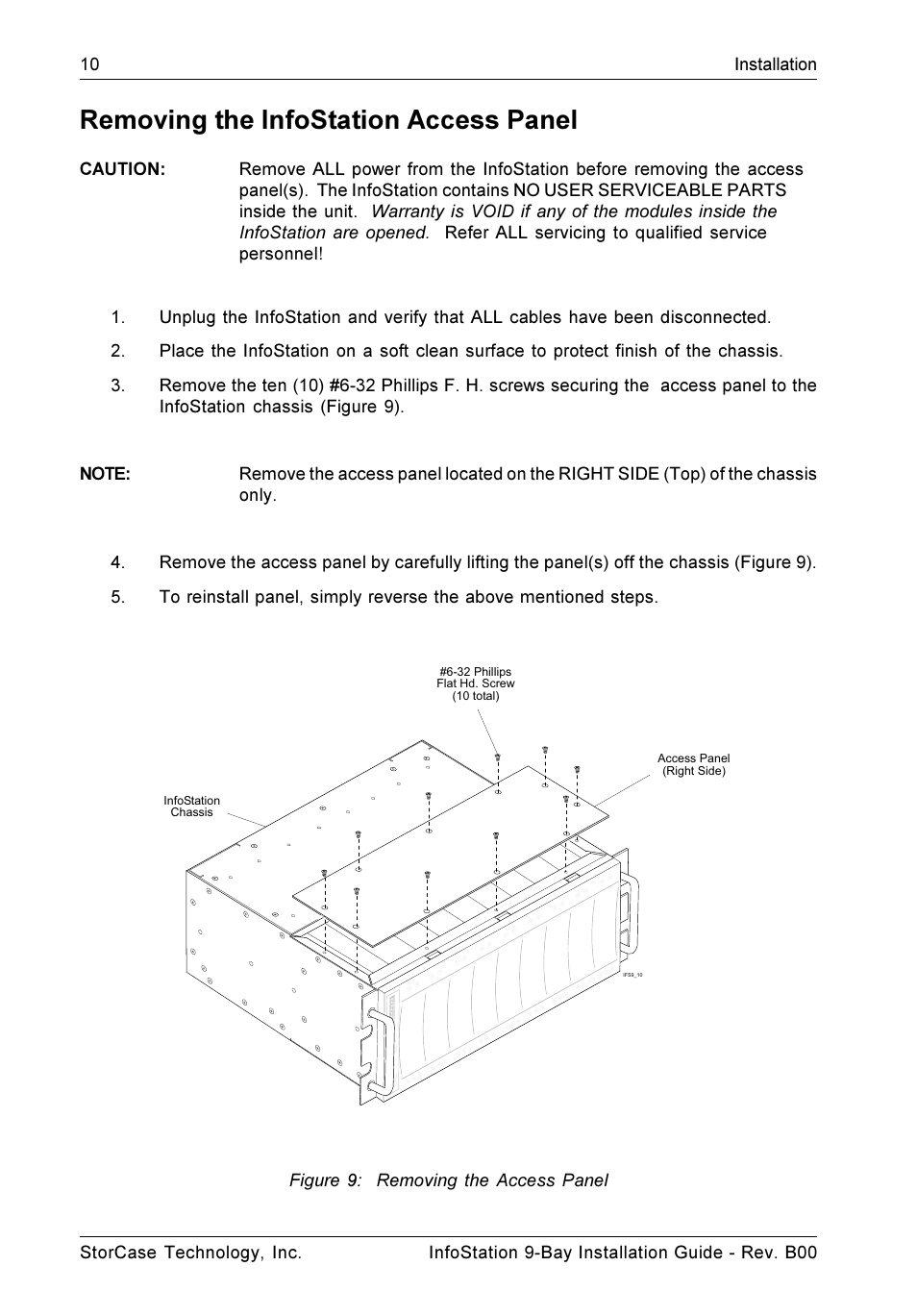 Removing the infostation access panel, Figure 9: removing the access panel | StorCase Technology 9-Bay 4U SCSI Ultra320 User Manual | Page 15 / 25