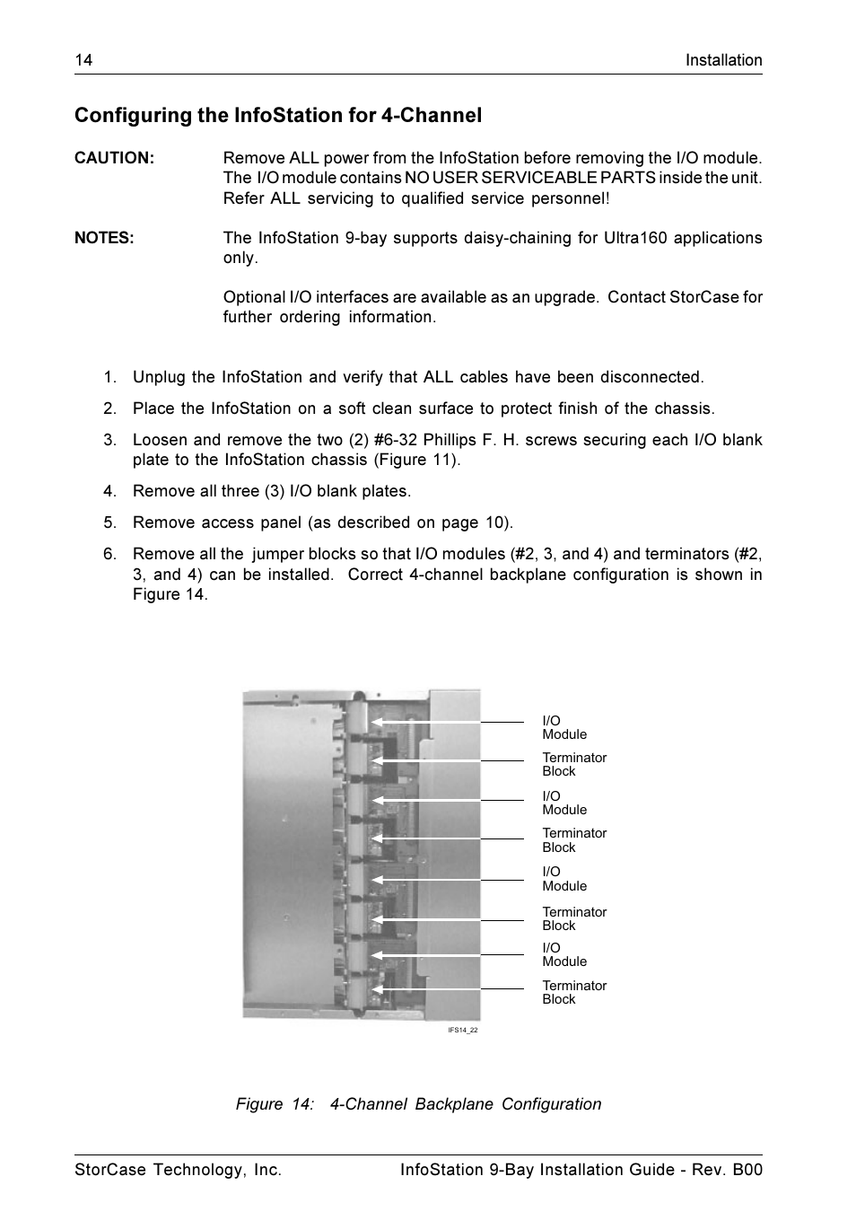 Configuring the infostation for 4-channel, Figure 14: 4-channel backplane configuration | StorCase Technology 9-Bay 4U SCSI Ultra320 User Manual | Page 19 / 25