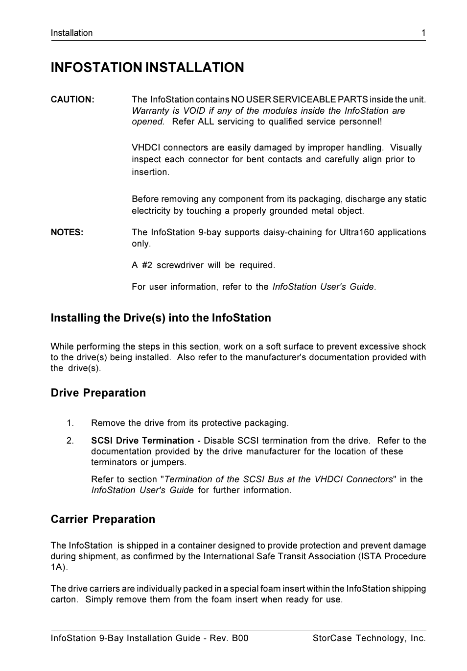 Installation, Installing the drive(s) into the infostation, Carrier preparation | Infostation installation, Drive preparation | StorCase Technology 9-Bay 4U SCSI Ultra320 User Manual | Page 6 / 25
