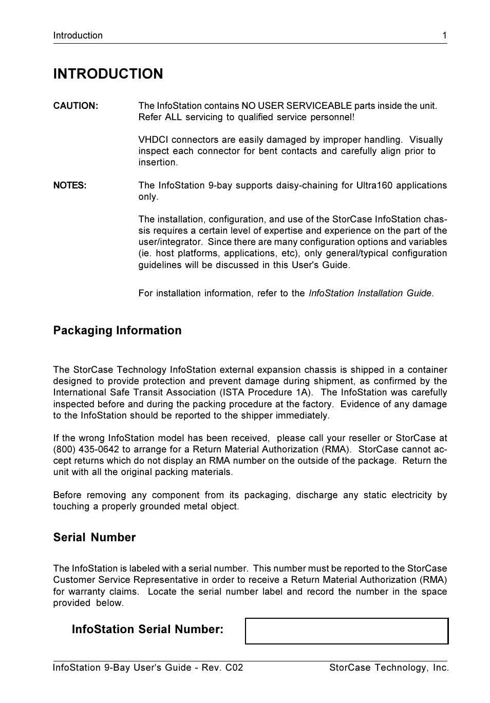 Introduction, Packaging information, Serial number | Infostation serial number | StorCase Technology 9-Bay 4U SCSI Ultra320 User Manual | Page 10 / 65
