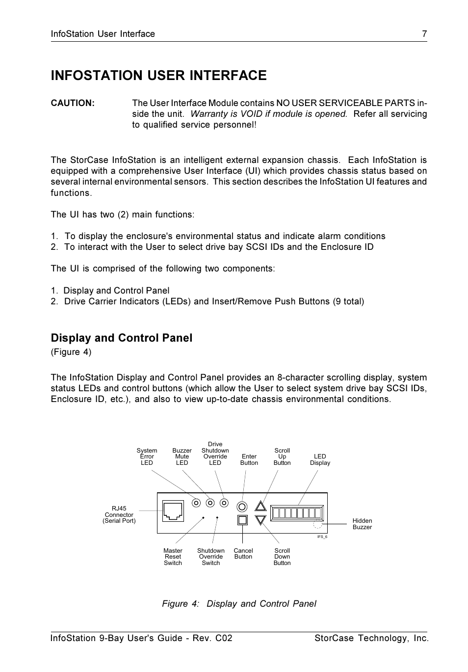 Infostation user interface, Display and control panel | StorCase Technology 9-Bay 4U SCSI Ultra320 User Manual | Page 16 / 65