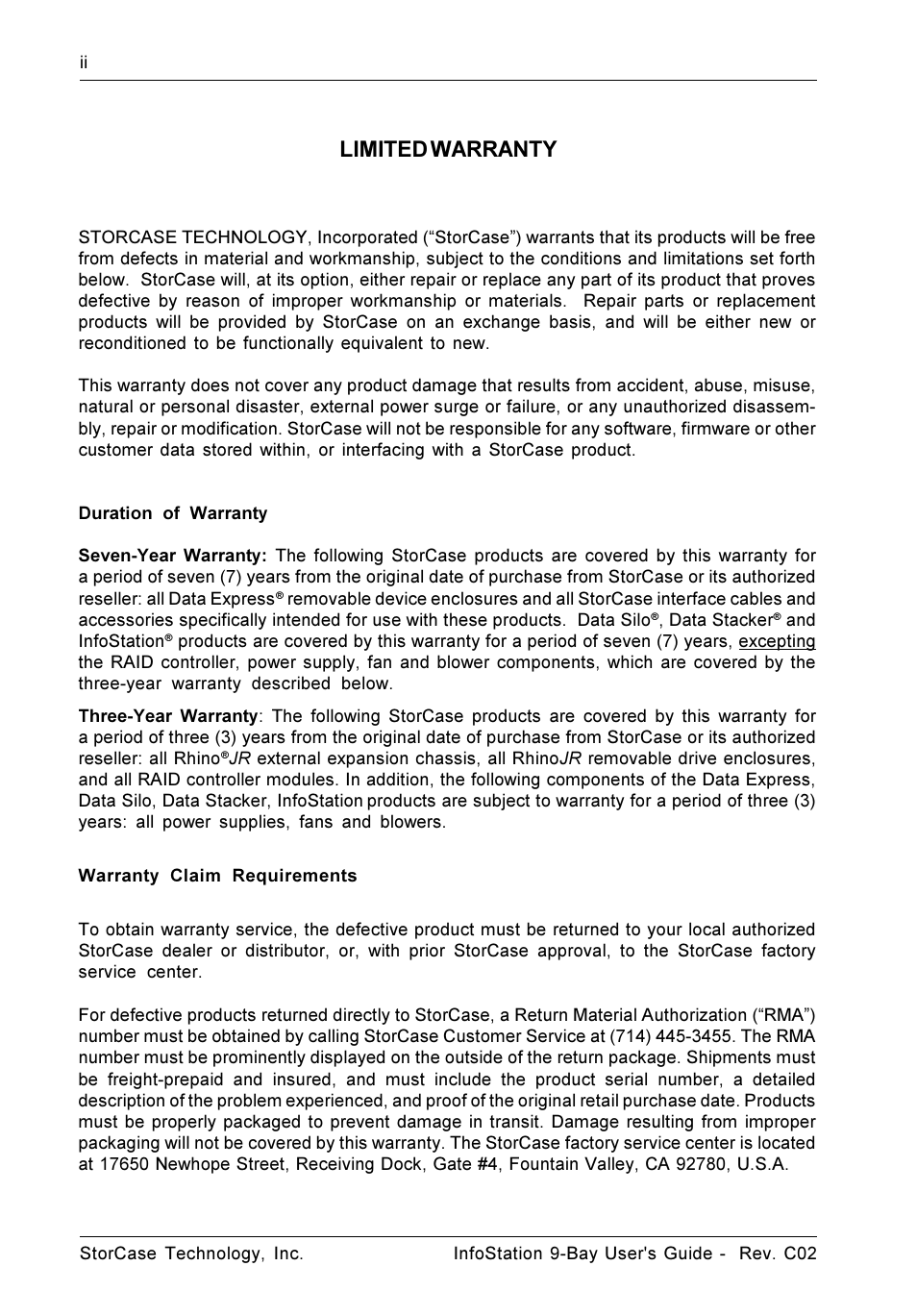 Limited warranty | StorCase Technology 9-Bay 4U SCSI Ultra320 User Manual | Page 3 / 65