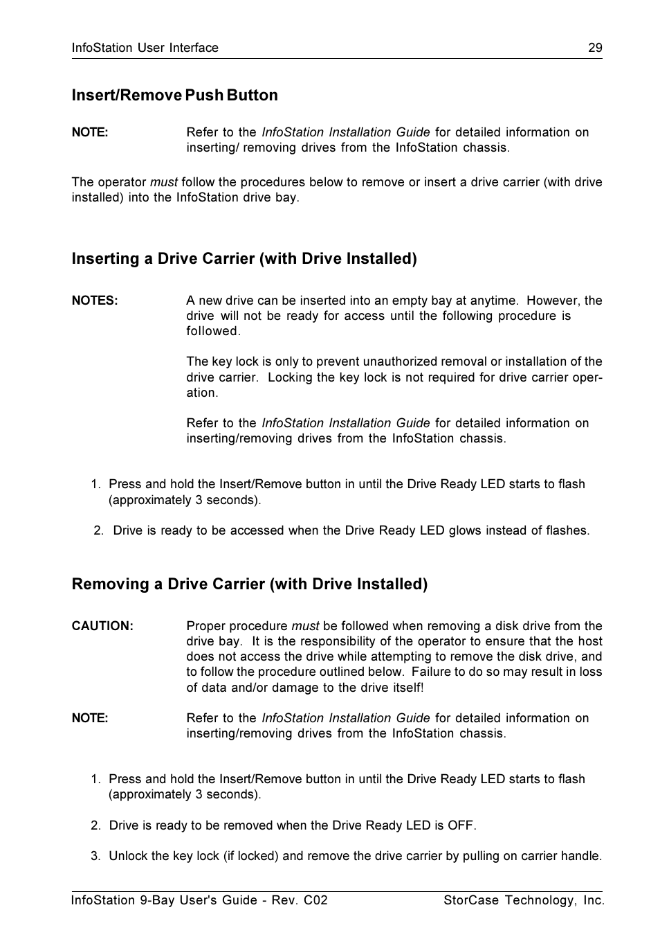 Insert/remove push button, Inserting a drive carrier (with drive installed), Removing a drive carrier (with drive installed) | StorCase Technology 9-Bay 4U SCSI Ultra320 User Manual | Page 38 / 65