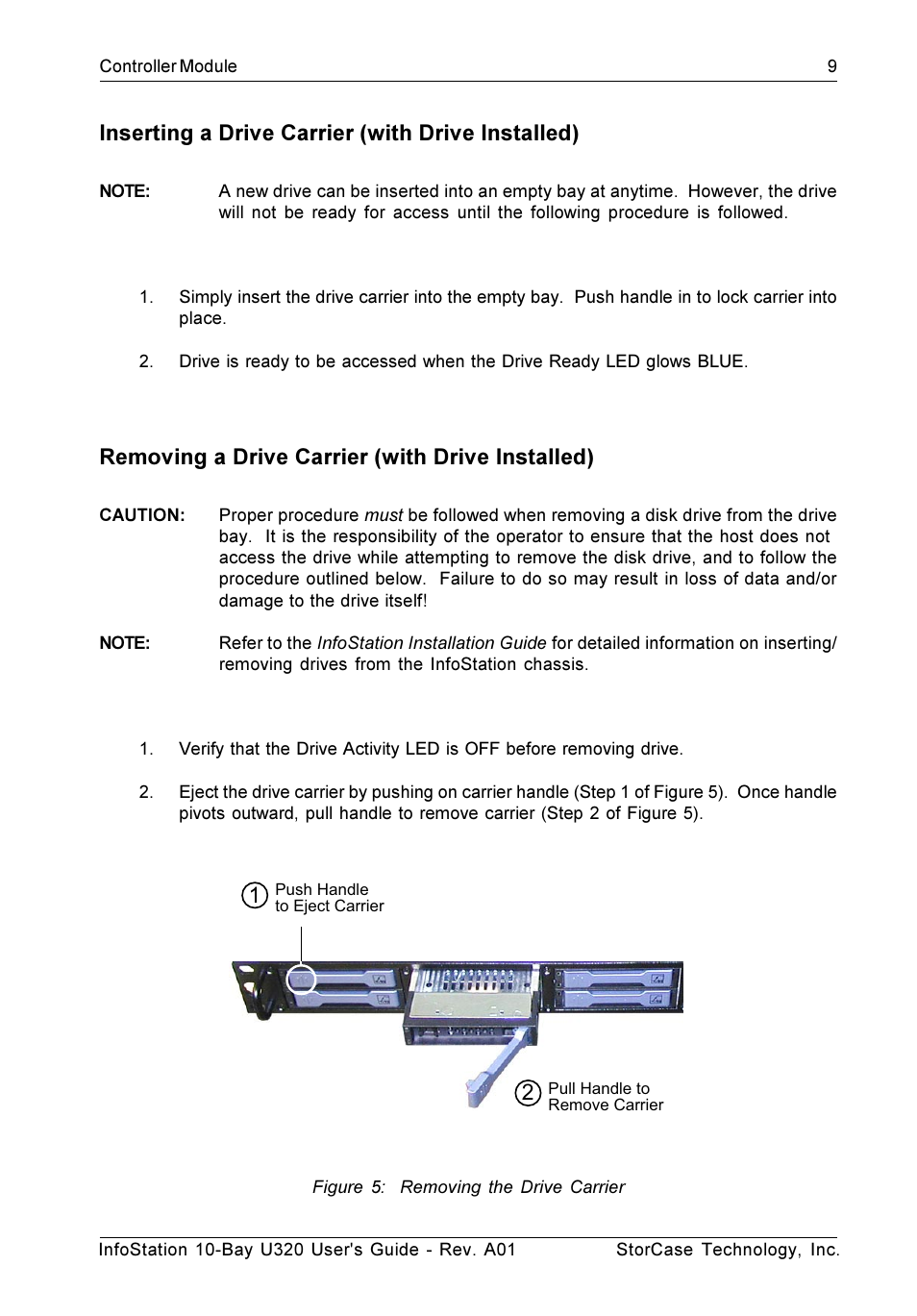 Inserting a drive carrier (with drive installed), Removing a drive carrier (with drive installed) | StorCase Technology 10-Bay 1U SCSI Ultra320 User Manual | Page 17 / 34