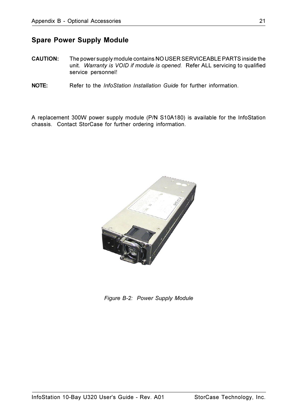 Spare power supply module | StorCase Technology 10-Bay 1U SCSI Ultra320 User Manual | Page 29 / 34