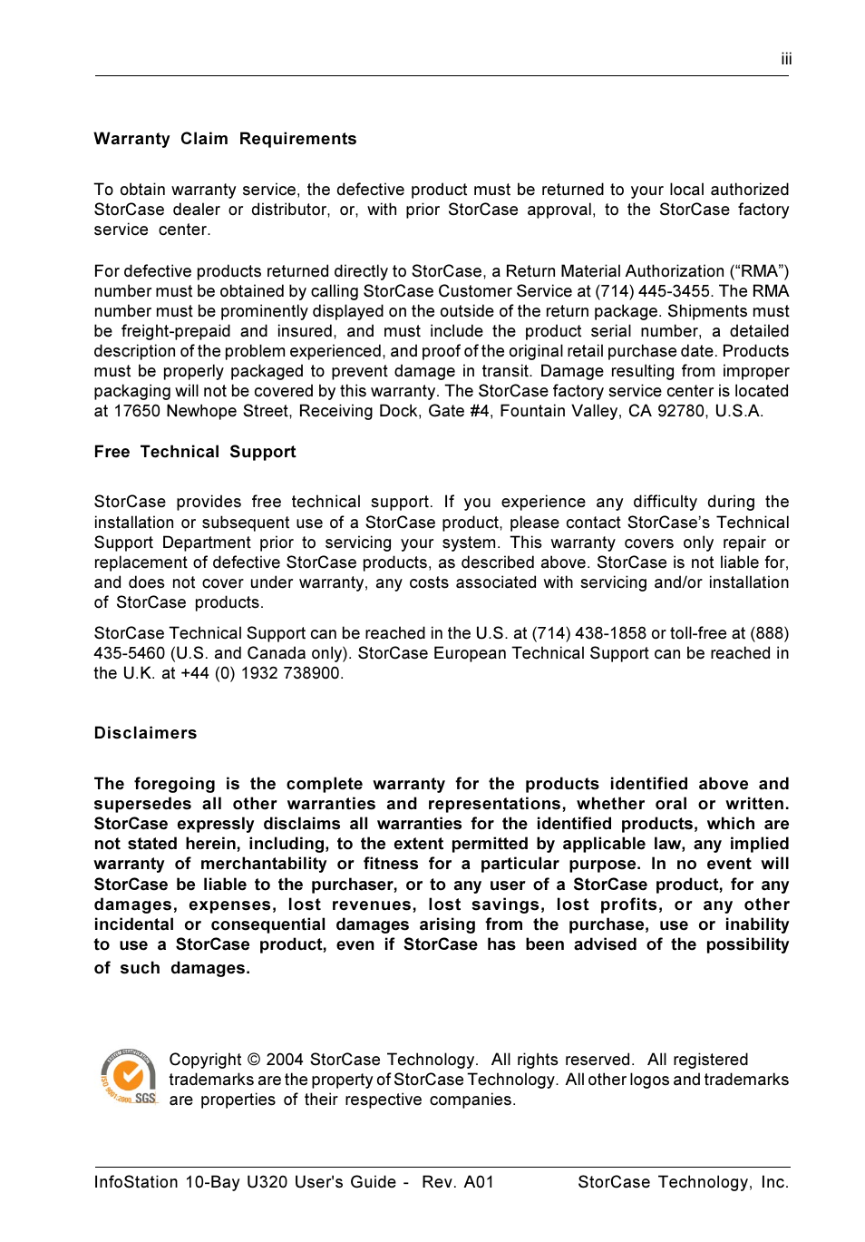 StorCase Technology 10-Bay 1U SCSI Ultra320 User Manual | Page 4 / 34