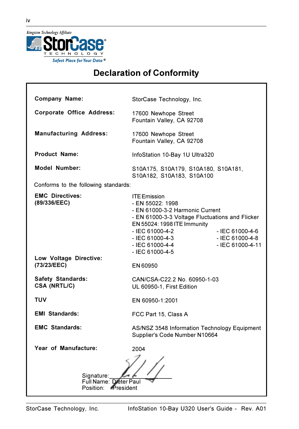 Declaration of conformity | StorCase Technology 10-Bay 1U SCSI Ultra320 User Manual | Page 5 / 34