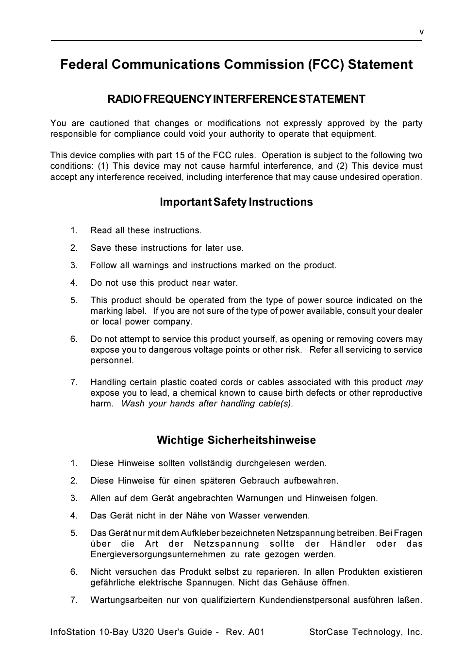 Federal communications commission (fcc) statement, Radio frequency interference statement, Important safety instructions | Wichtige sicherheitshinweise | StorCase Technology 10-Bay 1U SCSI Ultra320 User Manual | Page 6 / 34