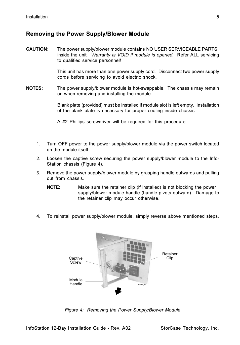 Removing the power supply/blower module | StorCase Technology 12-Bay 4U SCSI Ultra320 User Manual | Page 10 / 22