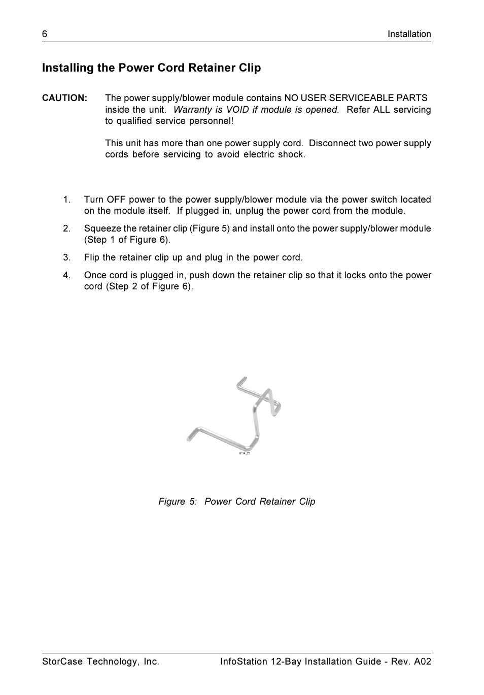 Installing the power cord retainer clip | StorCase Technology 12-Bay 4U SCSI Ultra320 User Manual | Page 11 / 22