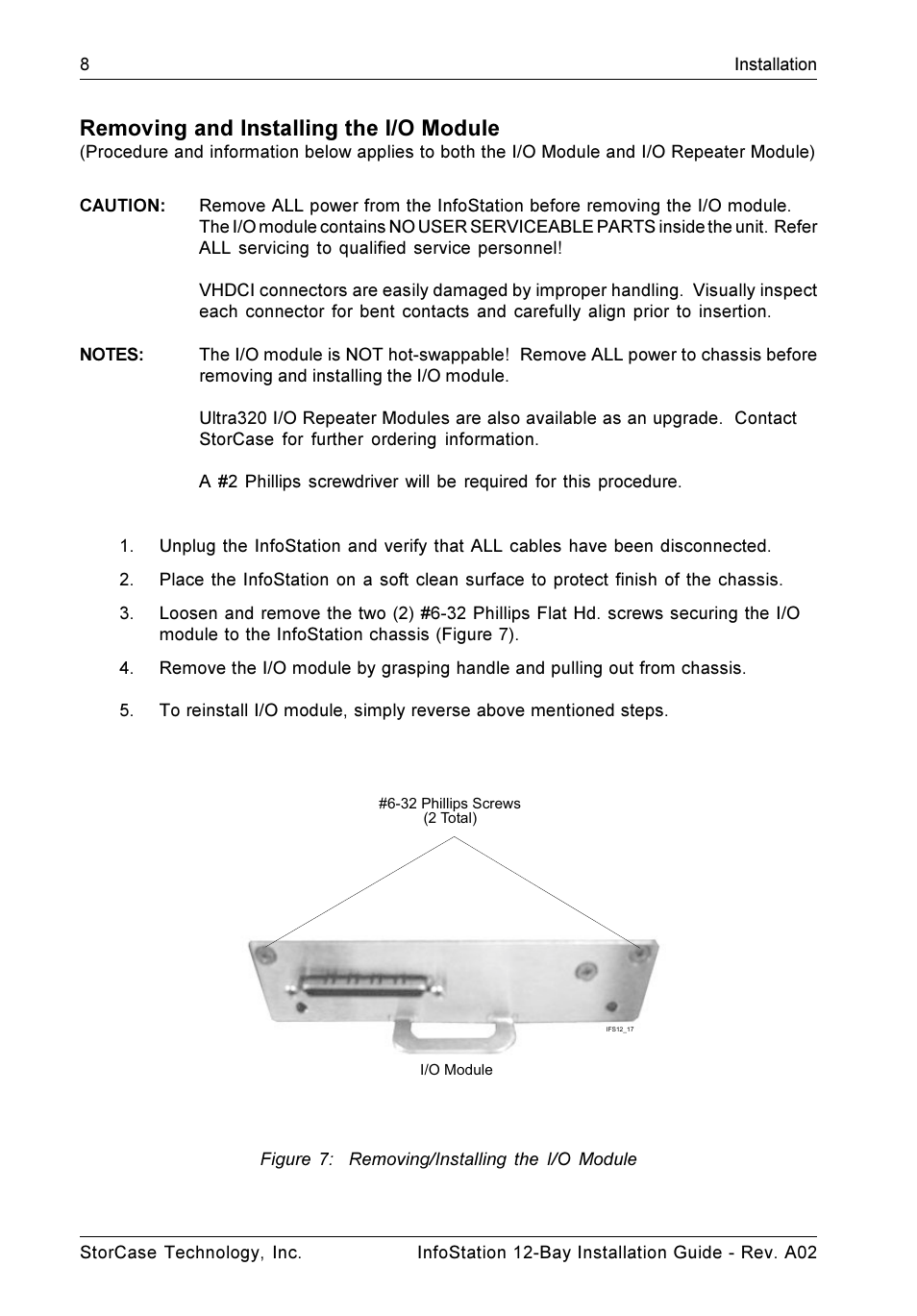 Removing and installing the i/o module | StorCase Technology 12-Bay 4U SCSI Ultra320 User Manual | Page 13 / 22
