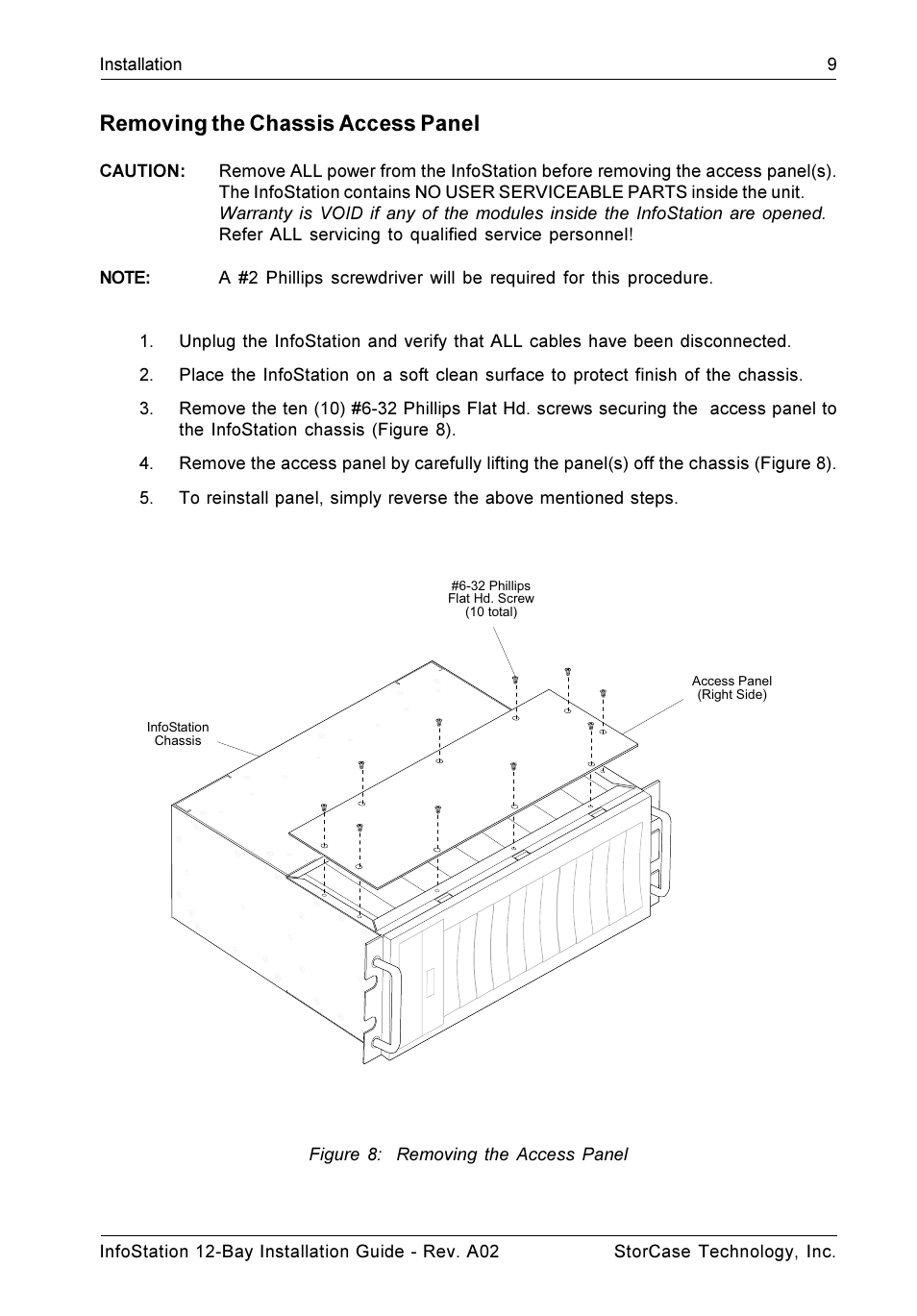 Removing the chassis access panel | StorCase Technology 12-Bay 4U SCSI Ultra320 User Manual | Page 14 / 22