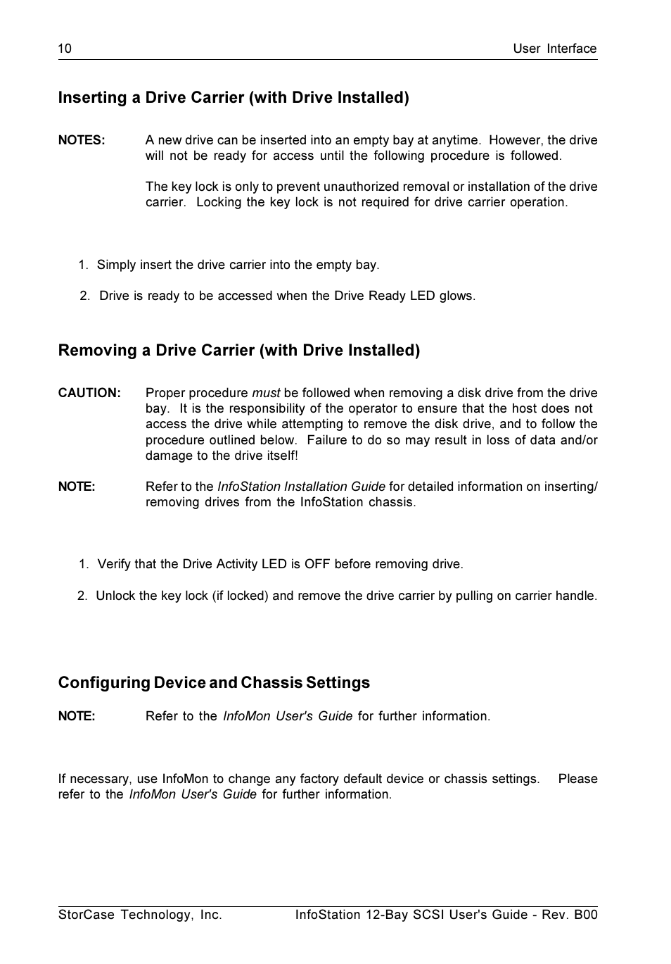 Inserting a drive carrier (with drive installed), Removing a drive carrier (with drive installed), Configuring device and chassis settings | StorCase Technology 12-Bay 4U SCSI Ultra320 User Manual | Page 19 / 41
