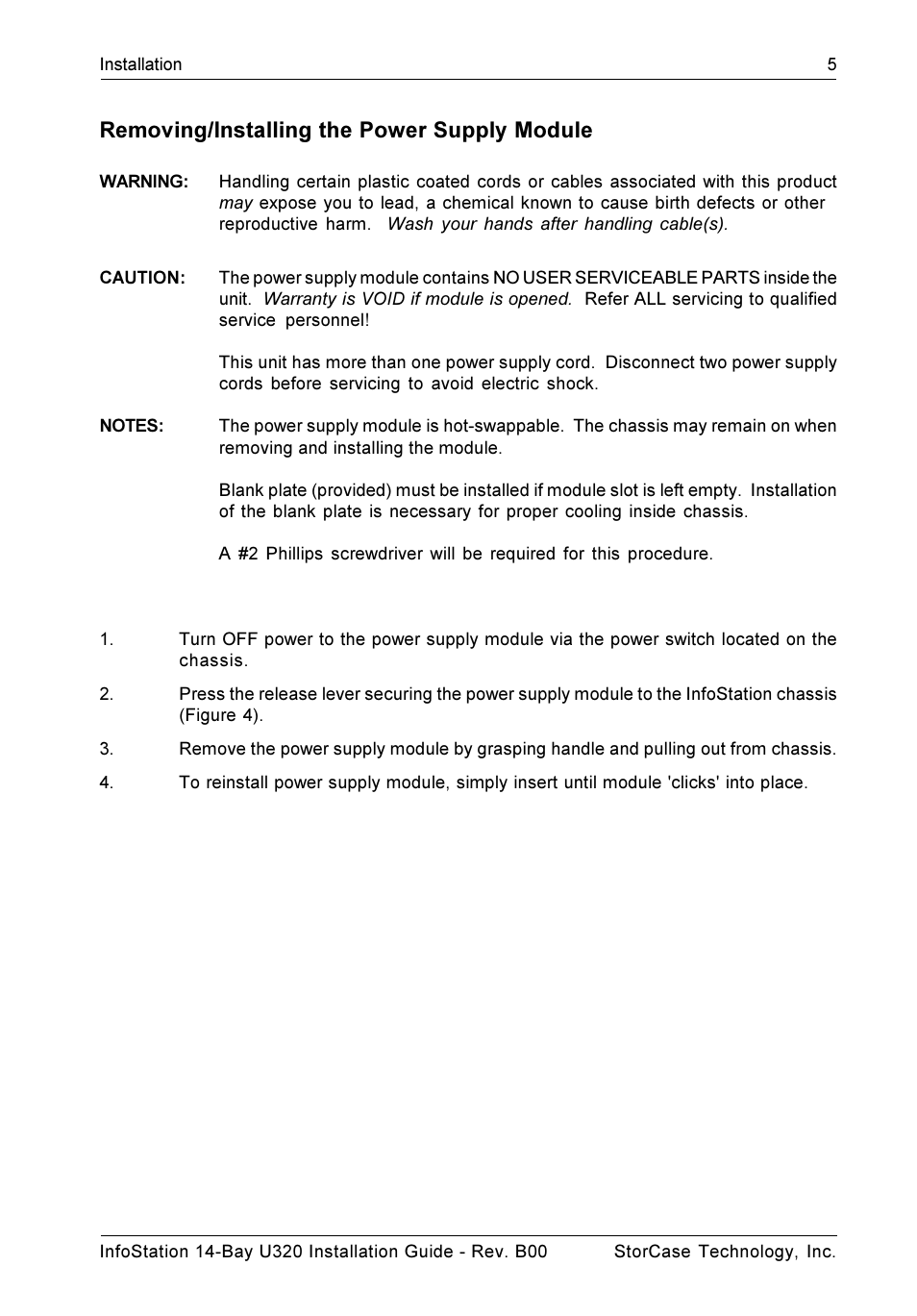 Removing/installing the power supply module | StorCase Technology 14-Bay 3U SCSI Ultra320 User Manual | Page 10 / 14