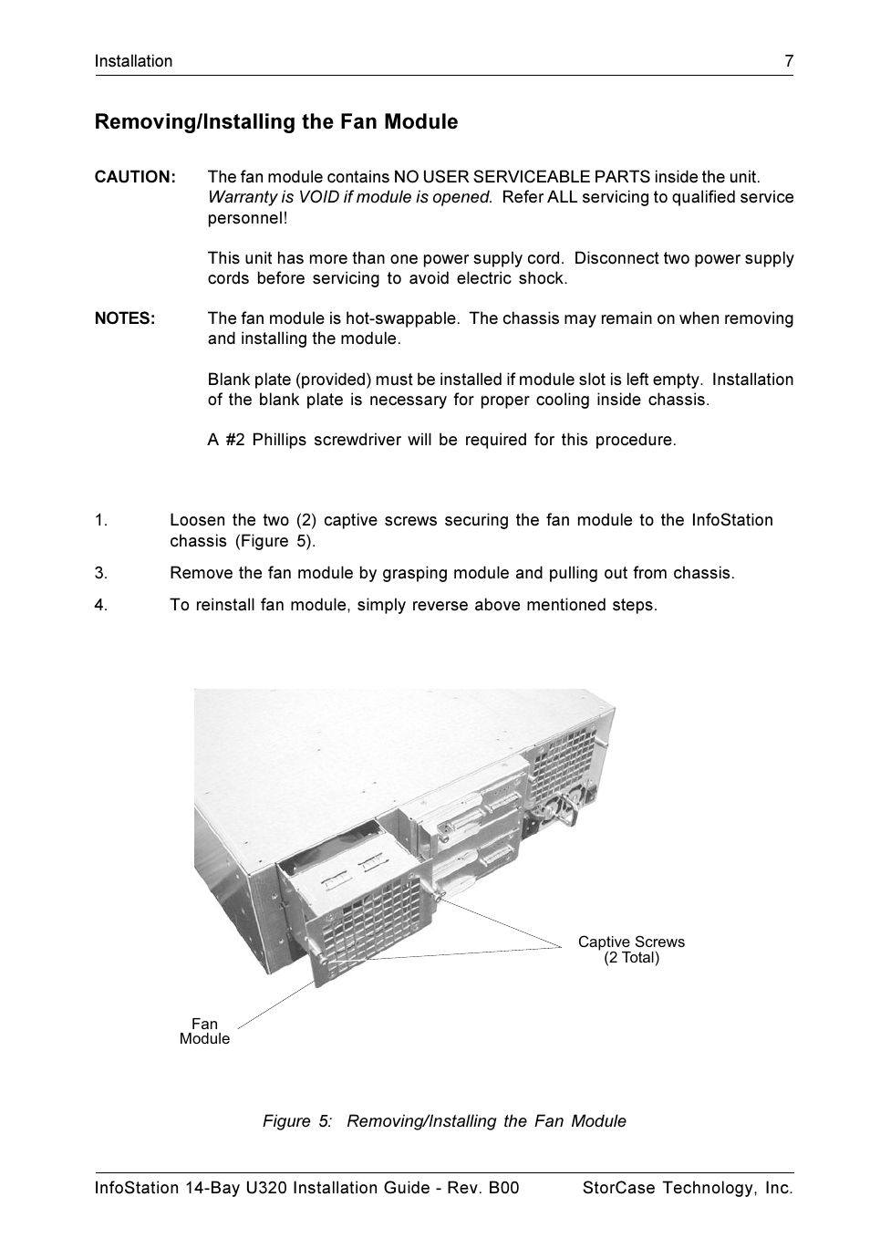 Removing/installing the fan module | StorCase Technology 14-Bay 3U SCSI Ultra320 User Manual | Page 12 / 14
