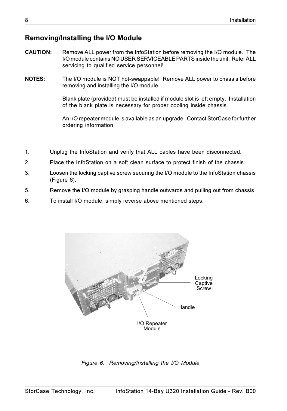 Removing/installing the i/o module | StorCase Technology 14-Bay 3U SCSI Ultra320 User Manual | Page 13 / 14