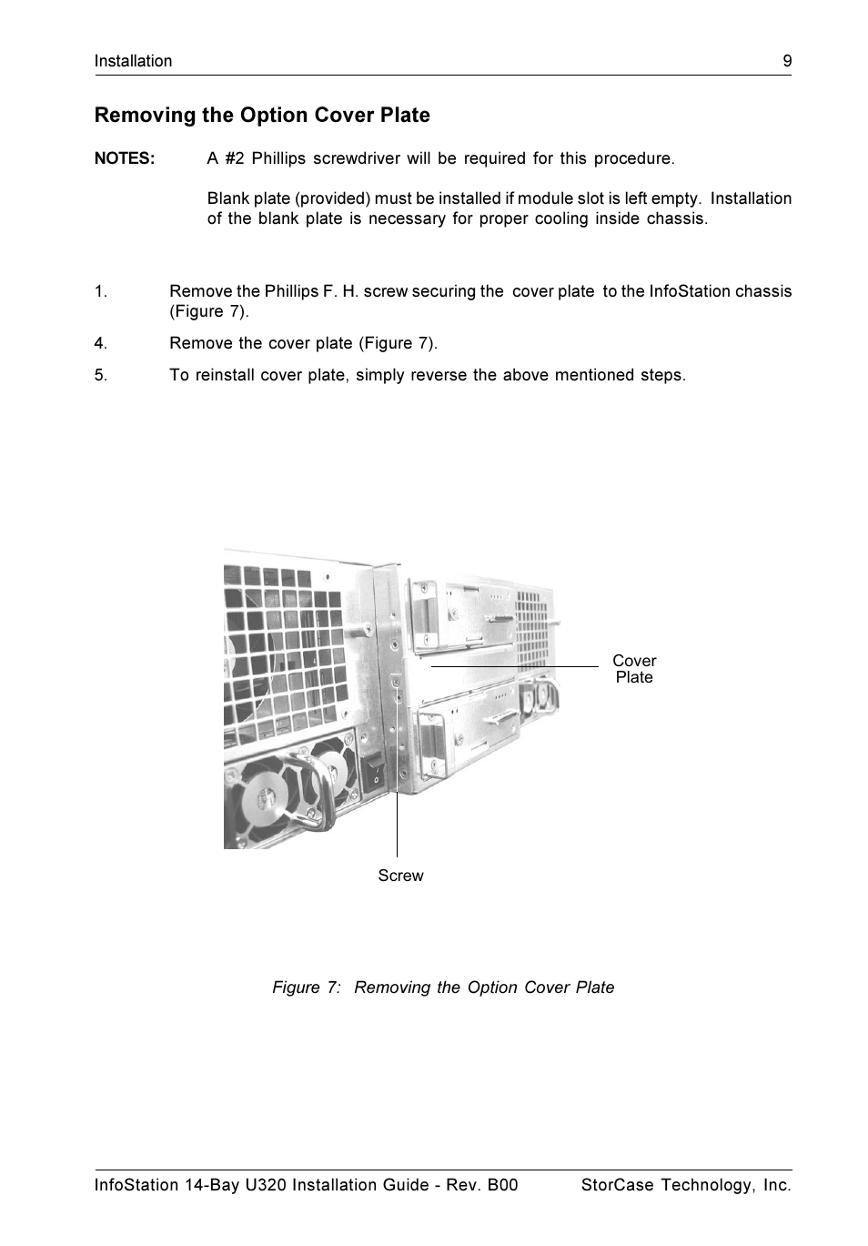 Removing the option cover plate | StorCase Technology 14-Bay 3U SCSI Ultra320 User Manual | Page 14 / 14