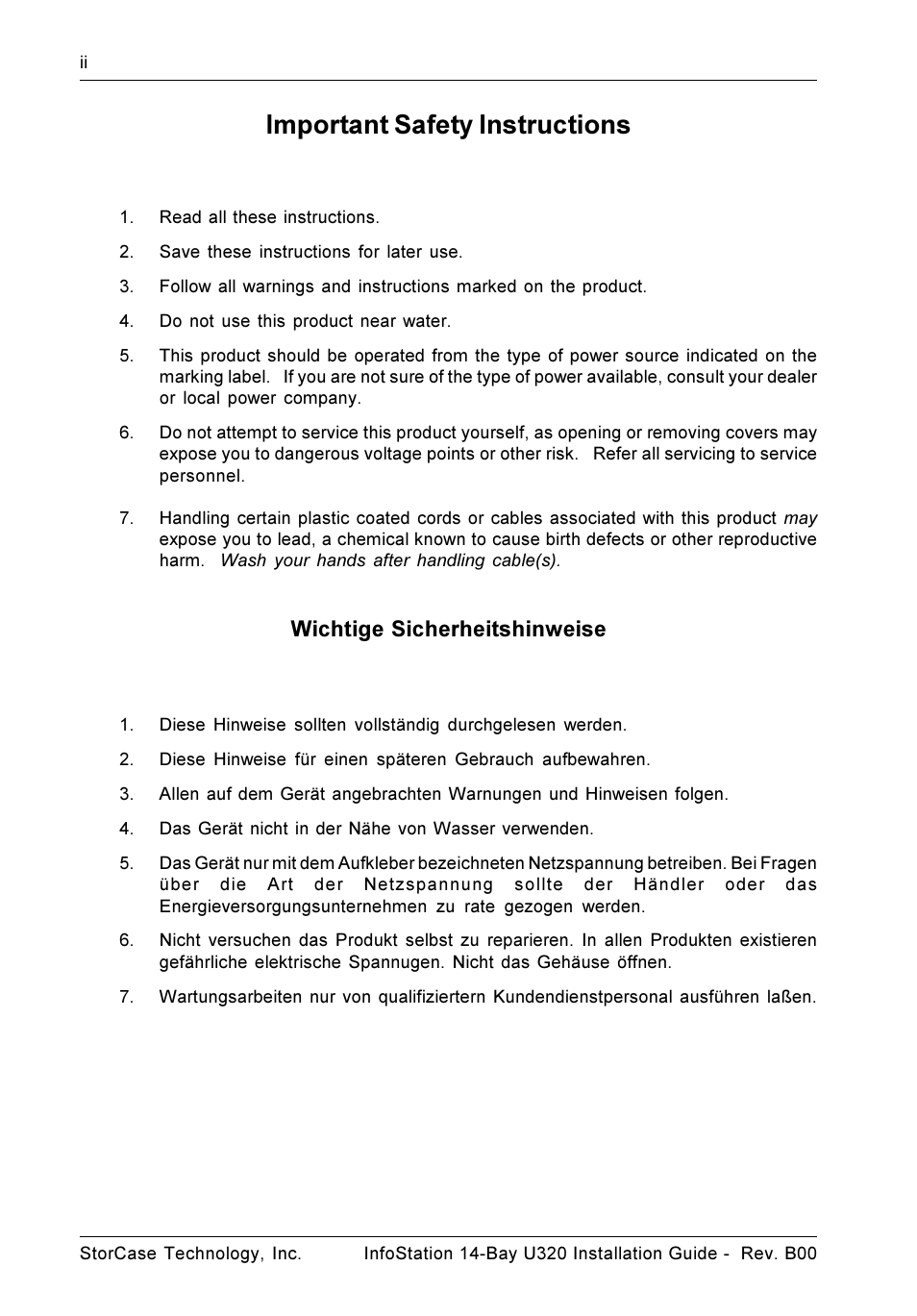 Important safety instructions, Wichtige sicherheitshinweise | StorCase Technology 14-Bay 3U SCSI Ultra320 User Manual | Page 3 / 14