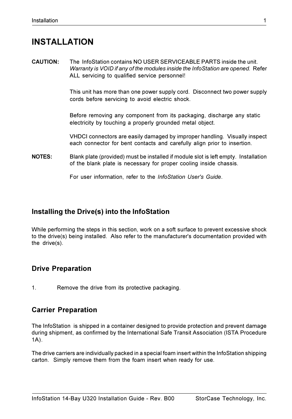 Installation, Installing the drive(s) into the infostation, Drive preparation | Carrier preparation | StorCase Technology 14-Bay 3U SCSI Ultra320 User Manual | Page 6 / 14