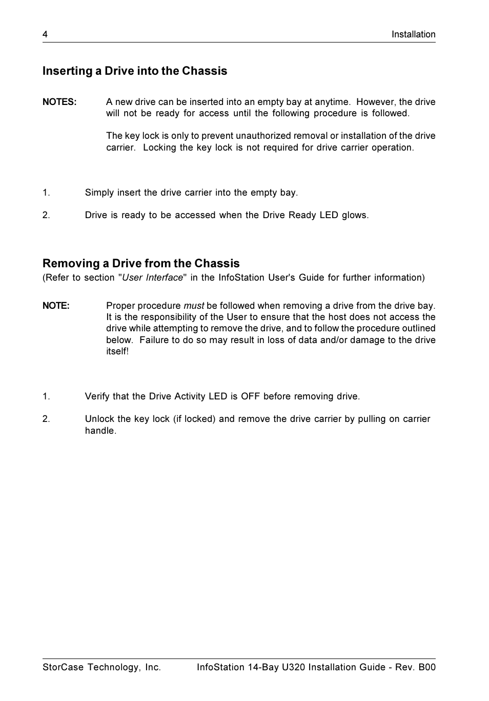 Inserting a drive into the chassis, Removing a drive from the chassis | StorCase Technology 14-Bay 3U SCSI Ultra320 User Manual | Page 9 / 14