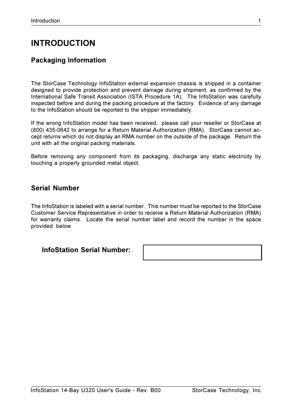 Introduction, Packaging information, Serial number | Infostation serial number | StorCase Technology 14-Bay 3U SCSI Ultra320 User Manual | Page 10 / 39