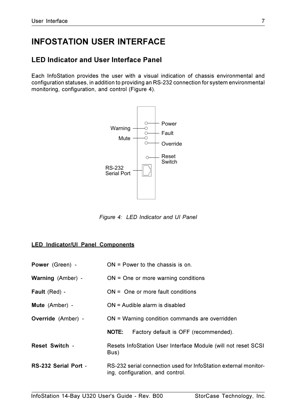 Infostation user interface, Led indicator and user interface panel | StorCase Technology 14-Bay 3U SCSI Ultra320 User Manual | Page 16 / 39