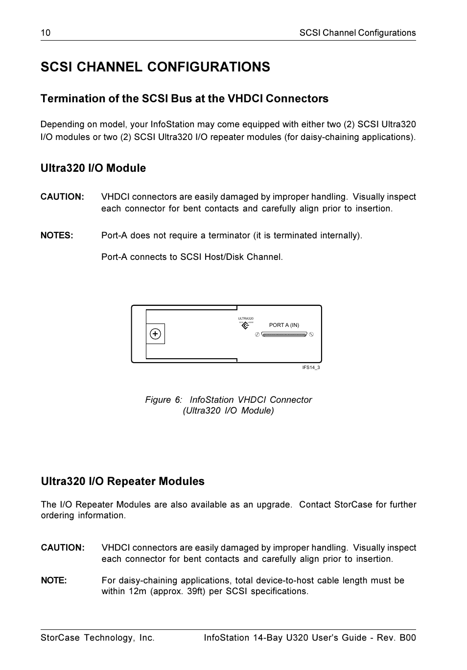 Scsi channel configurations, Ultra320 i/o module, Ultra320 i/o repeater modules | StorCase Technology 14-Bay 3U SCSI Ultra320 User Manual | Page 19 / 39