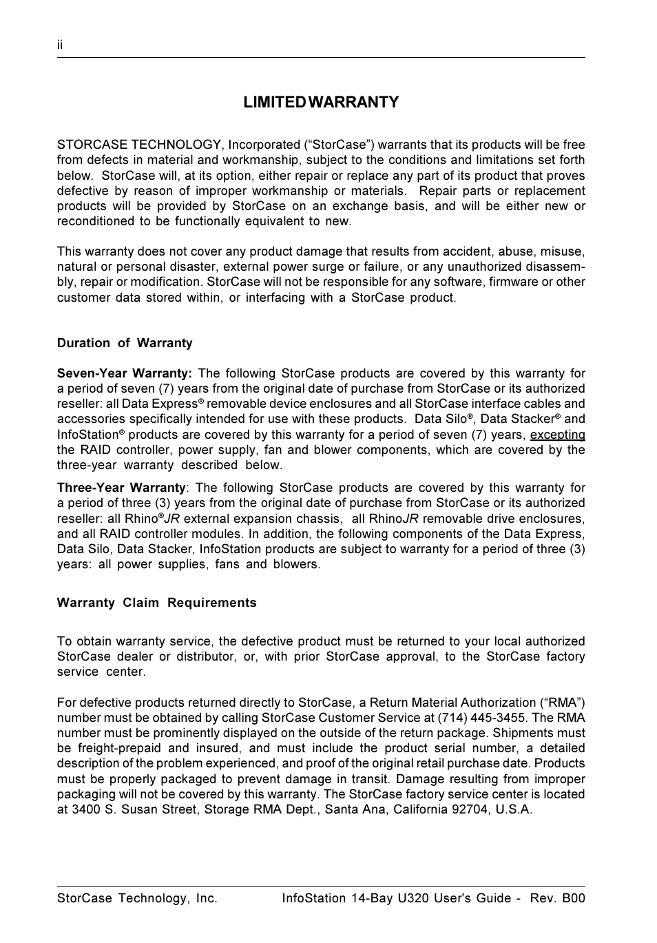 Limited warranty | StorCase Technology 14-Bay 3U SCSI Ultra320 User Manual | Page 3 / 39