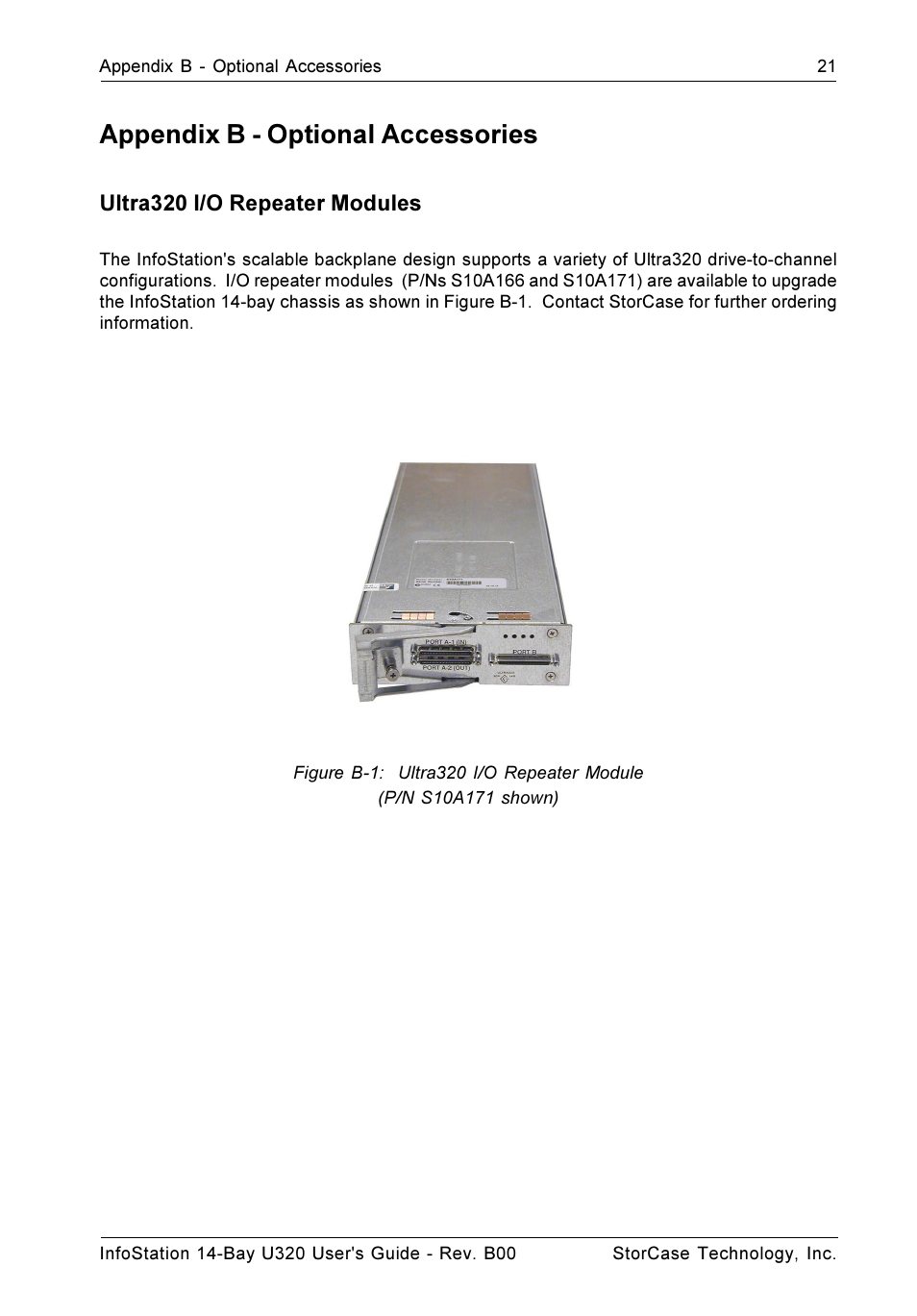 Appendix b - optional accessories, Ultra320 i/o repeater modules | StorCase Technology 14-Bay 3U SCSI Ultra320 User Manual | Page 30 / 39