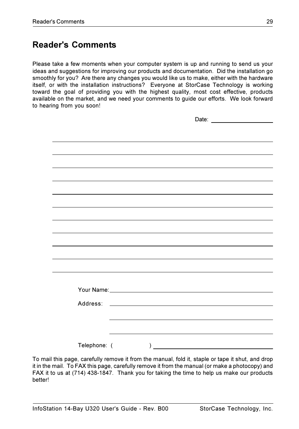 Reader's comments | StorCase Technology 14-Bay 3U SCSI Ultra320 User Manual | Page 38 / 39