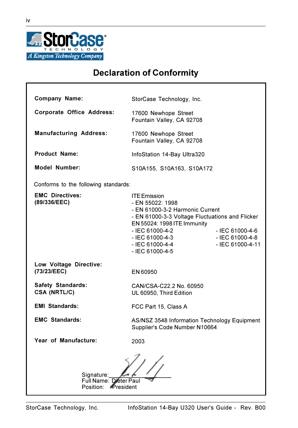 Declaration of conformity | StorCase Technology 14-Bay 3U SCSI Ultra320 User Manual | Page 5 / 39