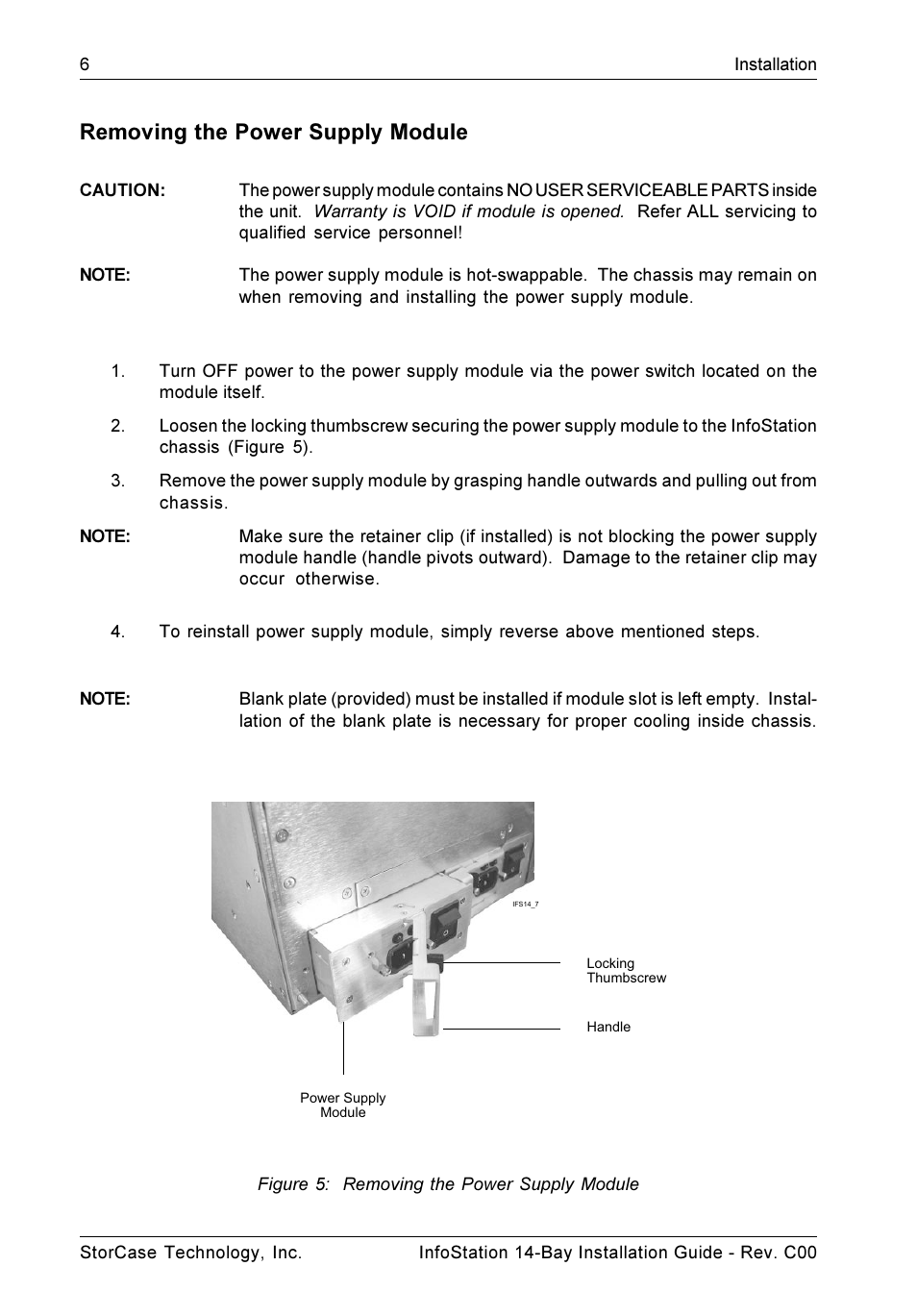 Removing the power supply module, Figure 5: removing the power supply module | StorCase Technology 14-Bay 4U SCSI Ultra160 User Manual | Page 11 / 25