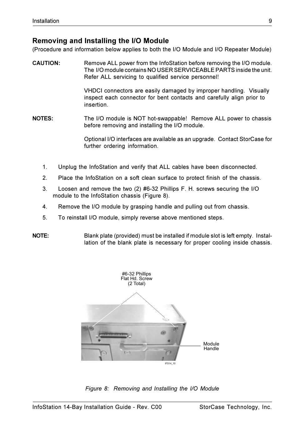 Removing and installing the i/o module, Figure 8: removing and installing the i/o module | StorCase Technology 14-Bay 4U SCSI Ultra160 User Manual | Page 14 / 25