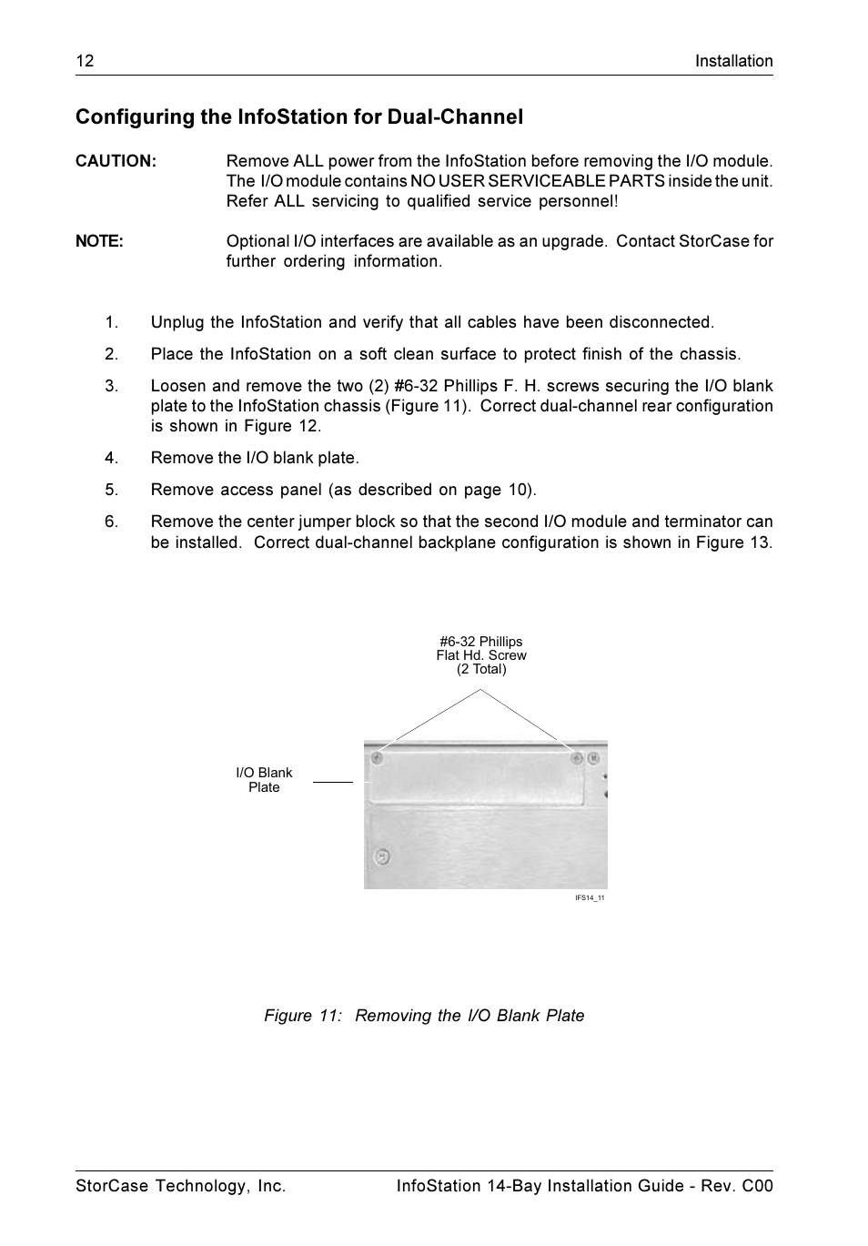 Configuring the infostation for dual-channel, Figure 11: removing the i/o blank plate | StorCase Technology 14-Bay 4U SCSI Ultra160 User Manual | Page 17 / 25