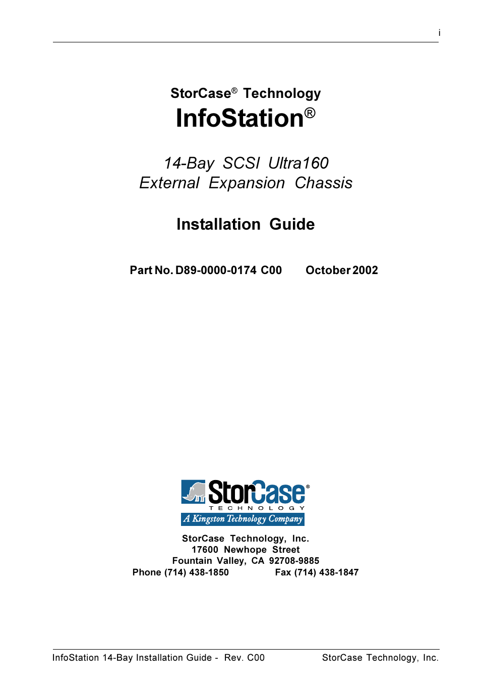 Infostation, Installation guide, Bay scsi ultra160 external expansion chassis | StorCase Technology 14-Bay 4U SCSI Ultra160 User Manual | Page 2 / 25